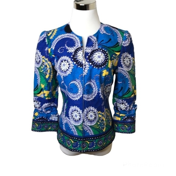 Peck & Peck Multi-Color Design Lined Zip Front Jacket Size 4 Ruched 3/4 Sleeve - Picture 1 of 9